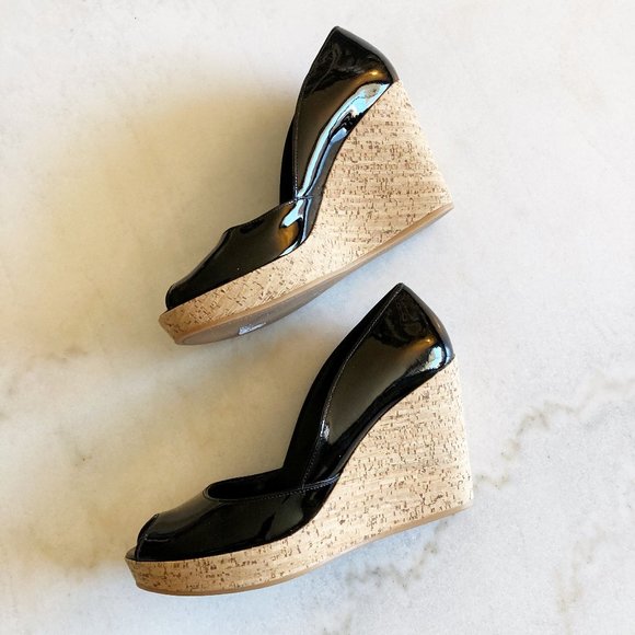 New! Via Spiga black patent leather & cork open toe wedge sandal / shoe - Picture 3 of 9